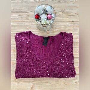 Donna Karan Collection Cashmere Silk Sequin V-Neck Sweater – Berry